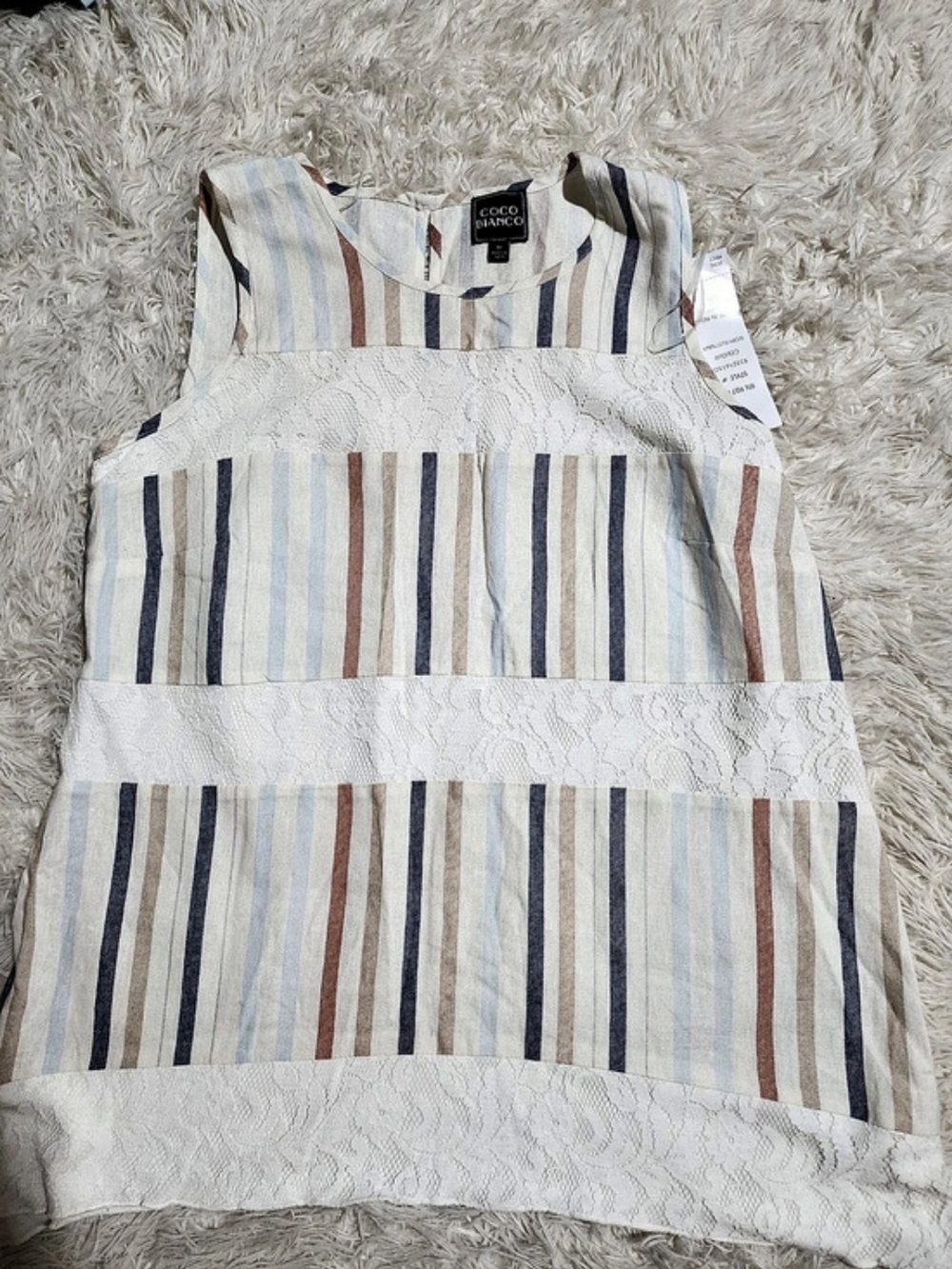 Coco Bianco Striped Lace-Inset Tank Top in White & Blue NWT